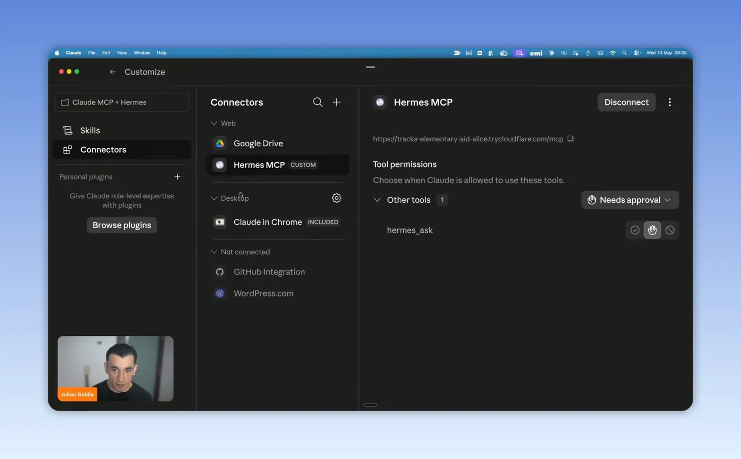 หน้า Connectors ของ Claude แสดง Hermes MCP พร้อม Tool permissions ตั้งค่าเป็น Needs approval