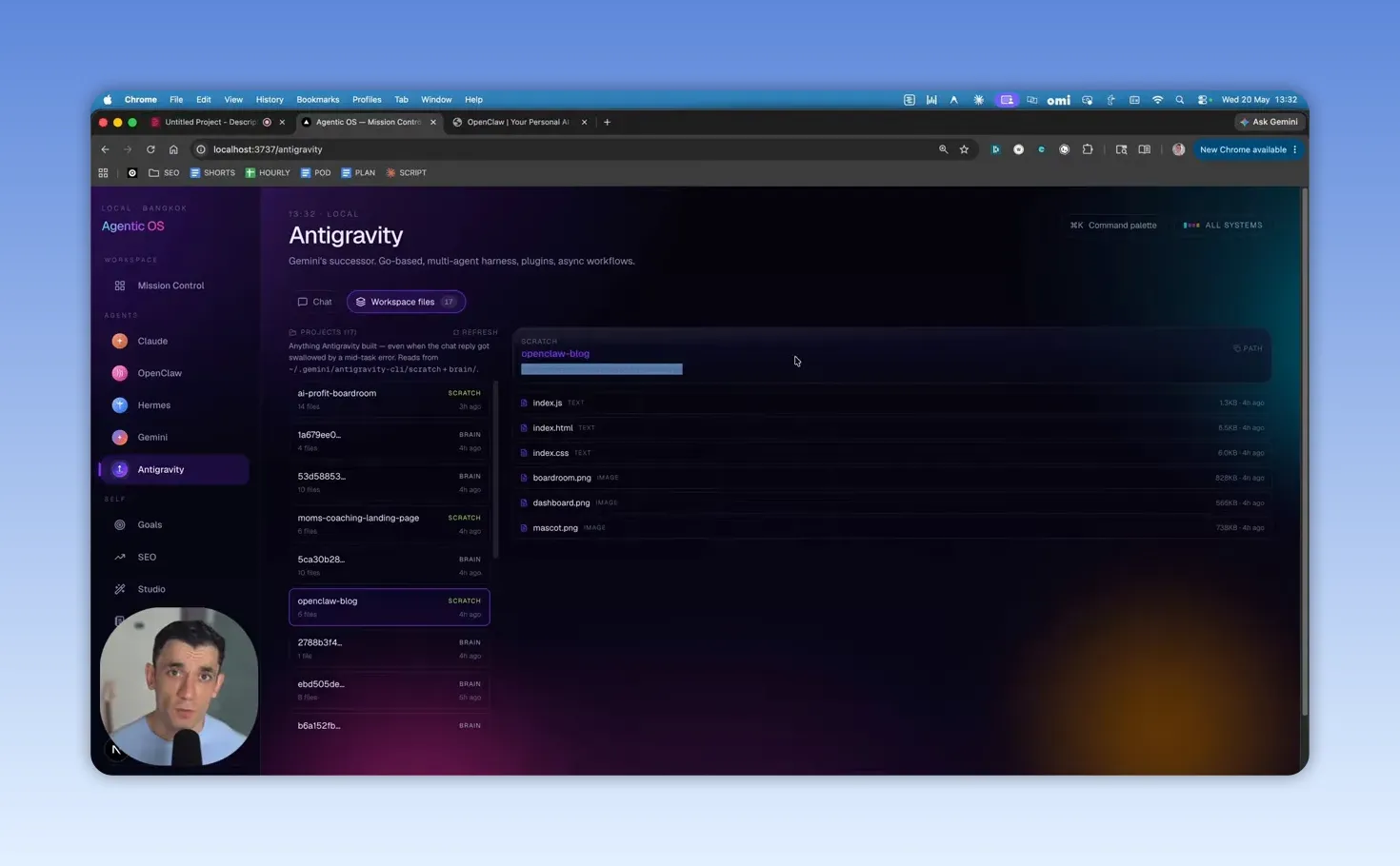 ภาพหน้าจอ Agentic OS/Antigravity แสดง workspace สำหรับรันและติดตามงานของ agent
