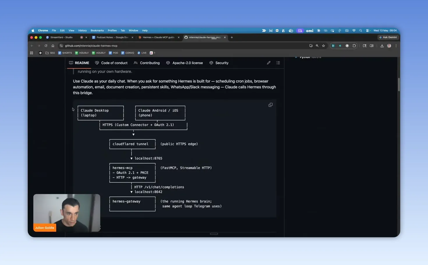 แผนภาพสถาปัตยกรรมการเชื่อม Claude Desktop กับ Hermes MCP (HTTPS/OAuth และ Hermes gateway)