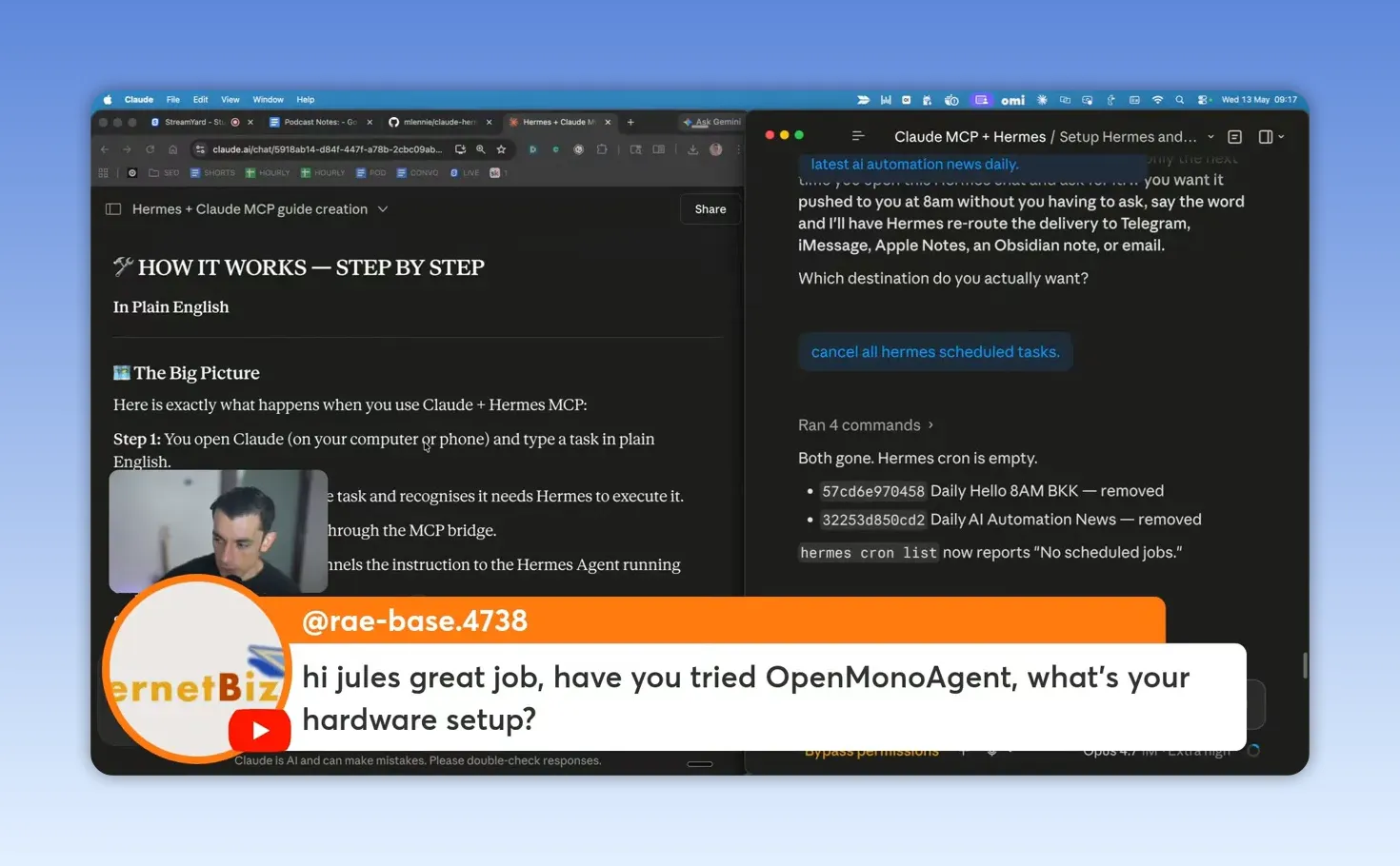 ภาพหน้าจอ Claude Desktop ใช้คำสั่งให้ Hermes ลบ scheduled tasks และแสดงผลว่า cron ว่าง