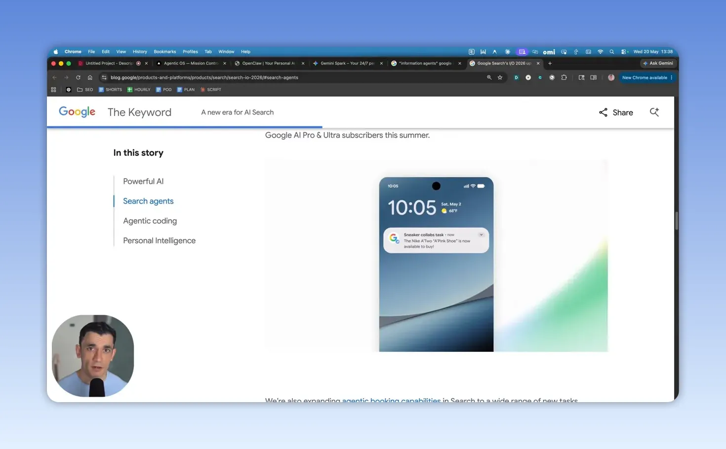 หน้าบทความ Google The Keyword แสดงเดโม Search agents ในโหมดแจ้งเตือน/การ์ดสรุป